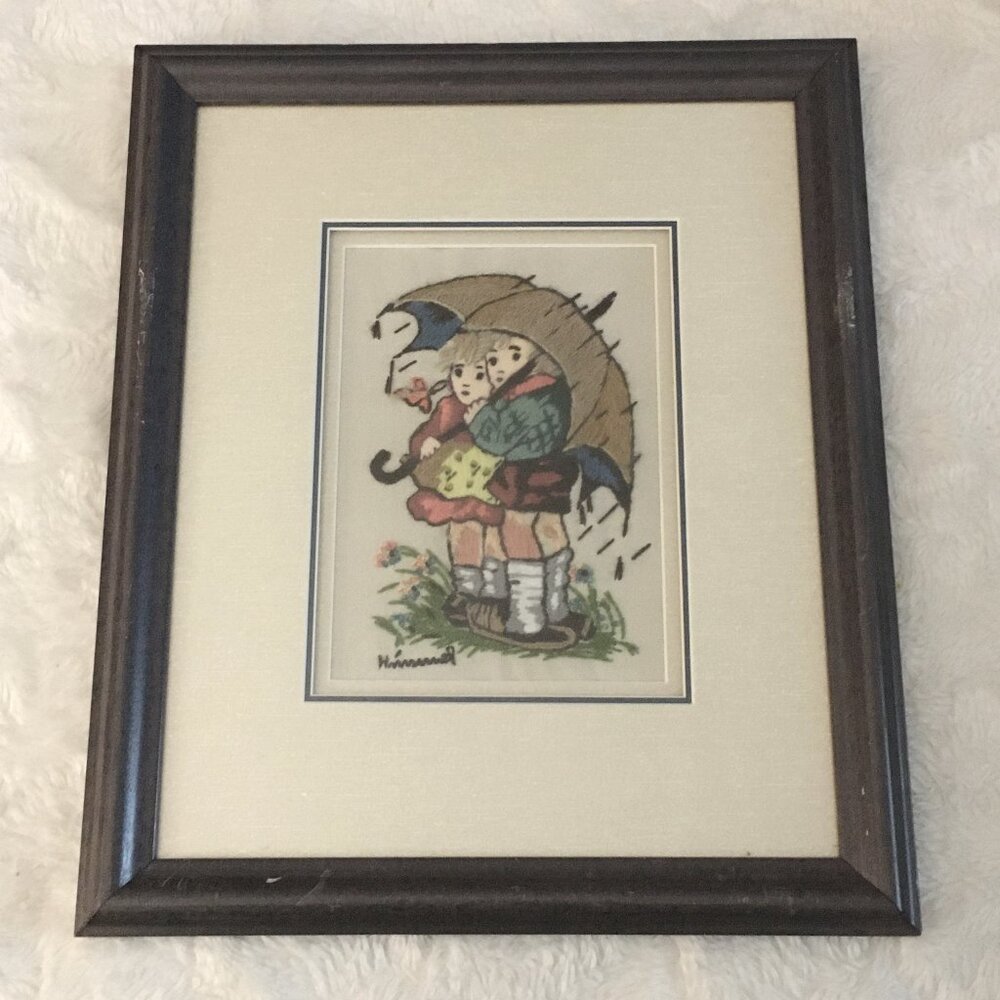 Vintage Hummel Needlework Children In Rain Framed
